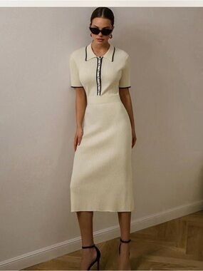 Cream Knit Polo Midi Dress with Contrast Trim